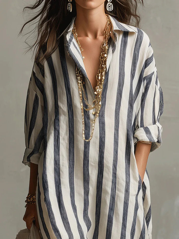 Striped Shirt Dress with V-Neck and Three-Quarter Sleeves