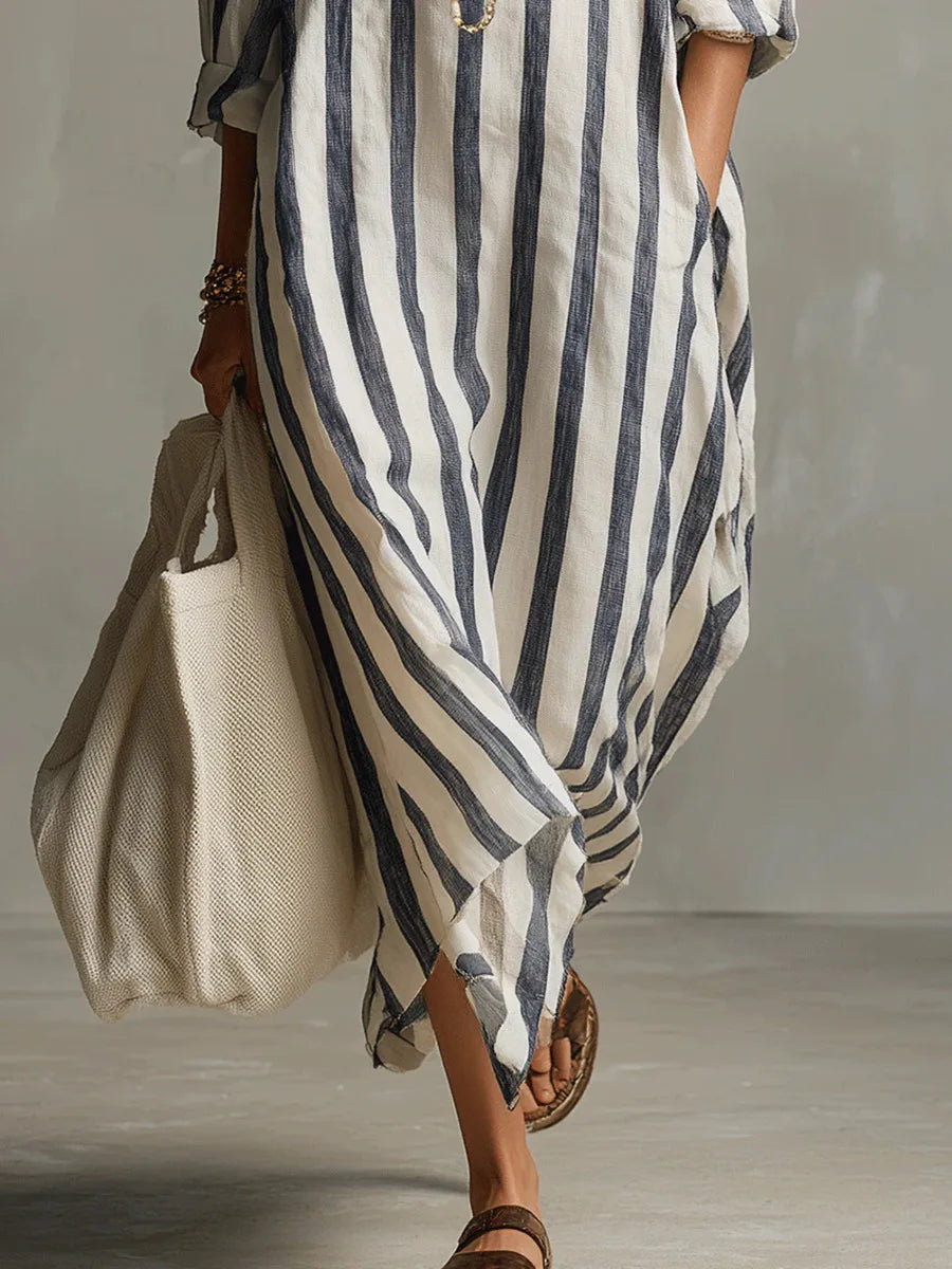Striped Shirt Dress with V-Neck and Three-Quarter Sleeves