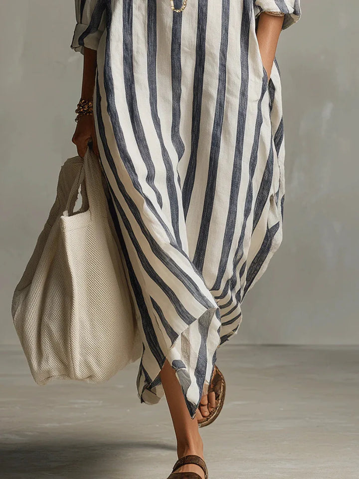 Striped Shirt Dress with V-Neck and Three-Quarter Sleeves