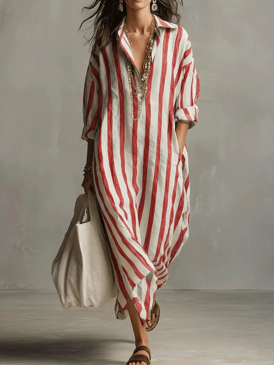 Striped Shirt Dress with V-Neck and Three-Quarter Sleeves