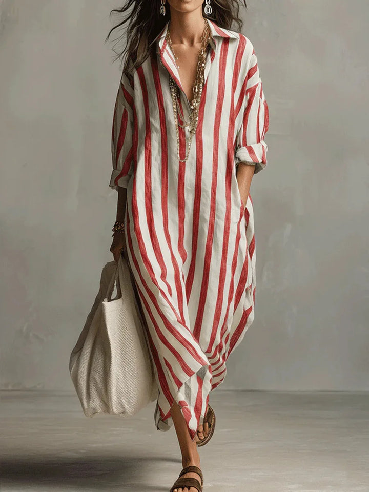 Striped Shirt Dress with V-Neck and Three-Quarter Sleeves