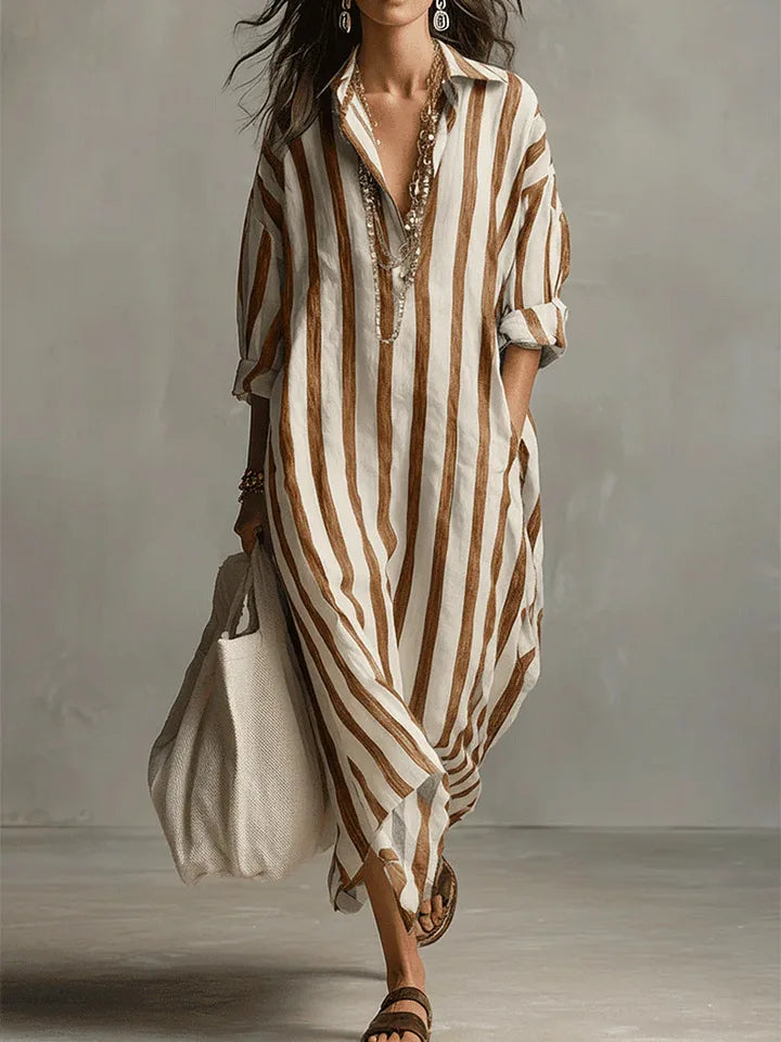 Striped Shirt Dress with V-Neck and Three-Quarter Sleeves