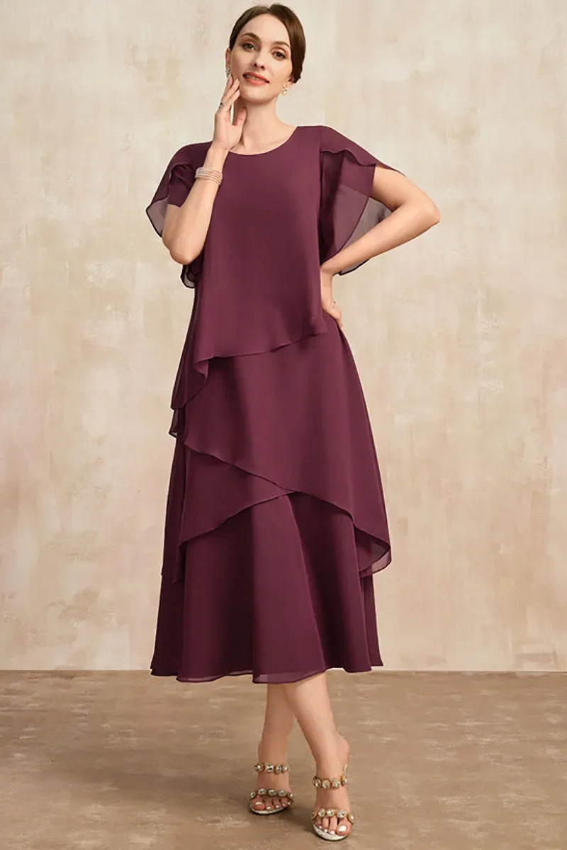 Tiered Ruched Midi Dress with Round Neck and Short Sleeves