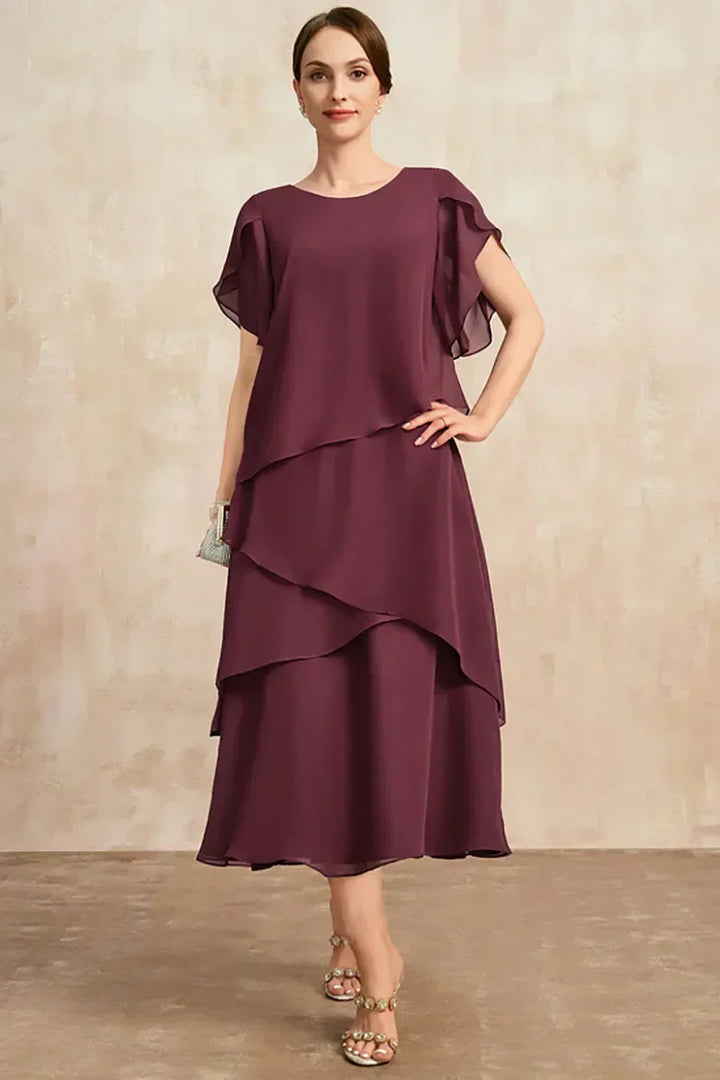 Tiered Ruched Midi Dress with Round Neck and Short Sleeves