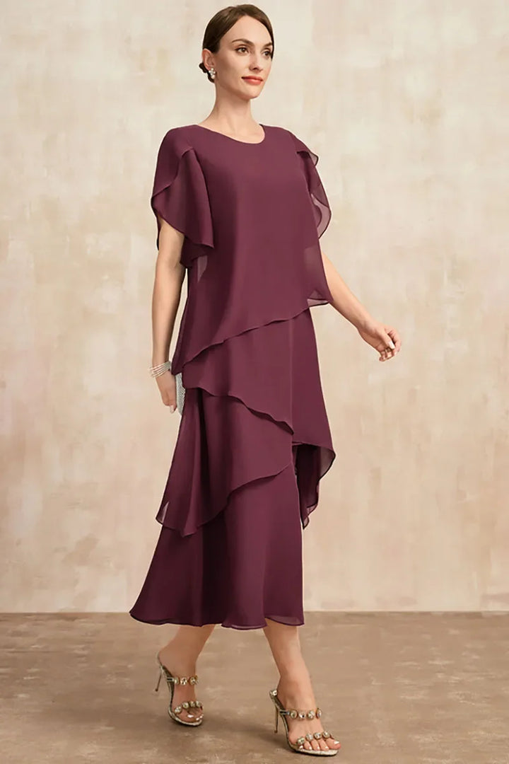Tiered Ruched Midi Dress with Round Neck and Short Sleeves