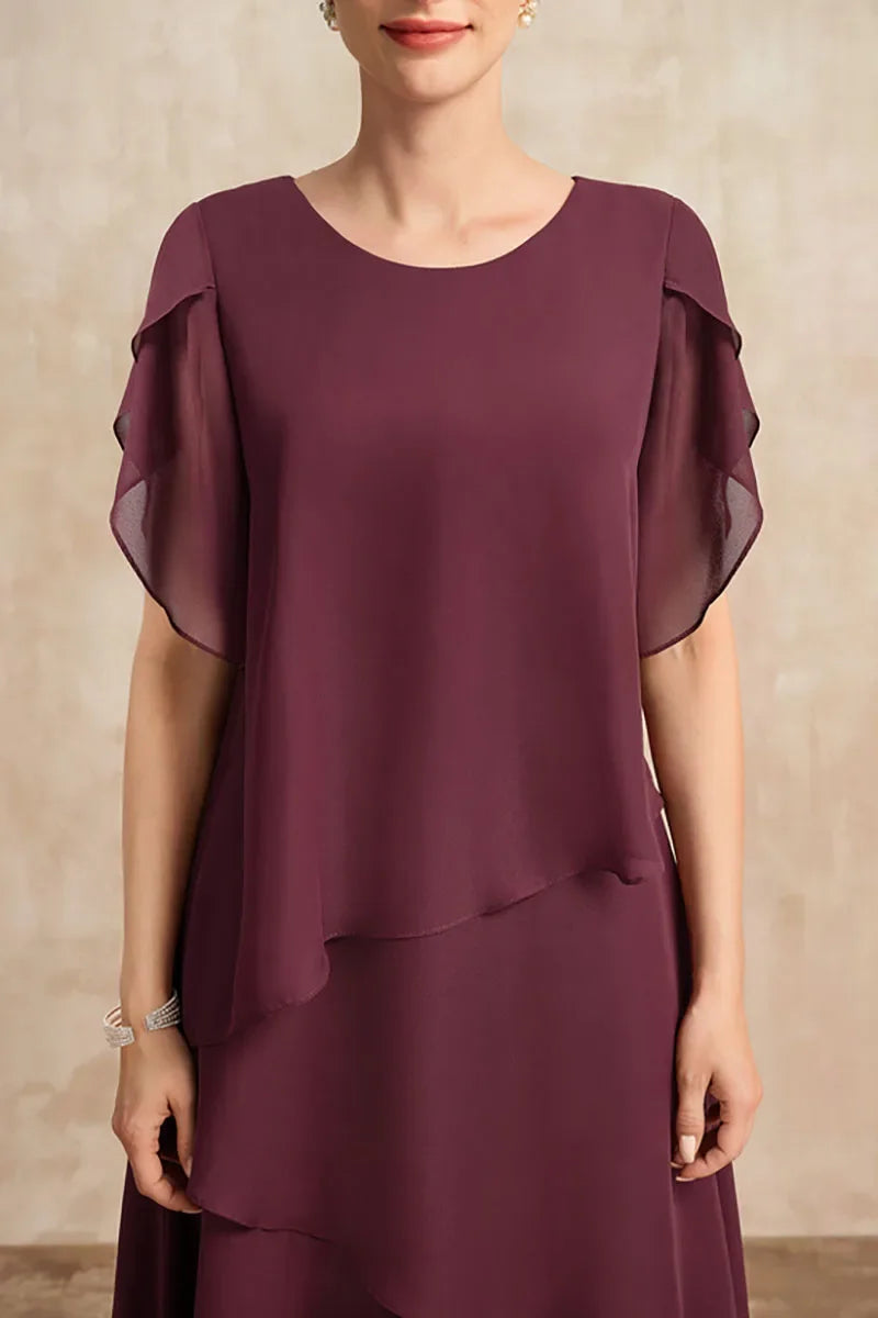 Tiered Ruched Midi Dress with Round Neck and Short Sleeves