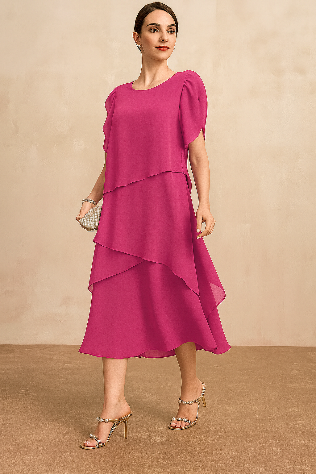 Tiered Ruched Midi Dress with Round Neck and Short Sleeves