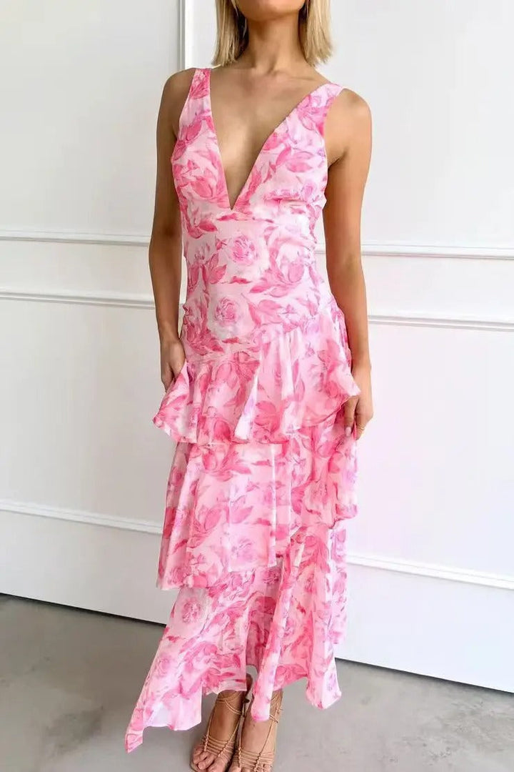 Tiered Ruffle Maxi Dress with V-Neck
