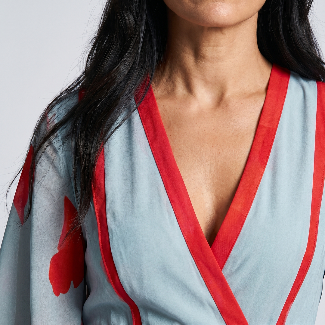Close-up of the wrap waist and floral print