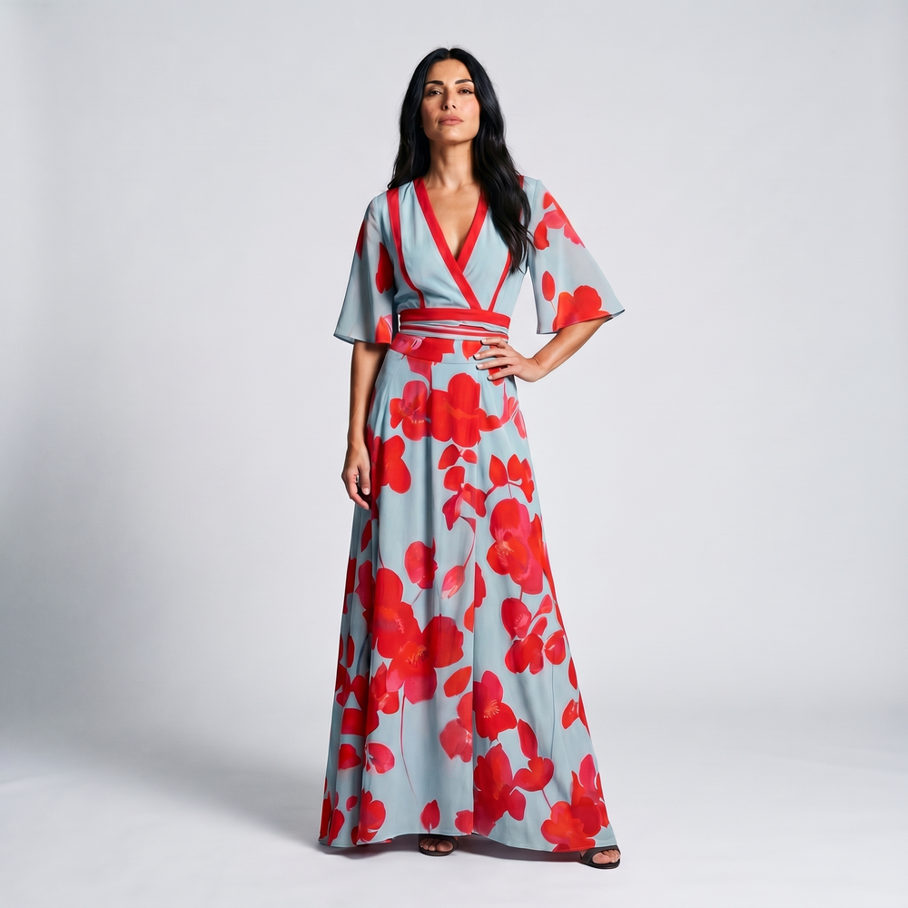 Floral wrap maxi dress, angled view
