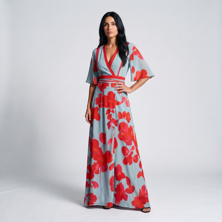 Floral wrap maxi dress, front view