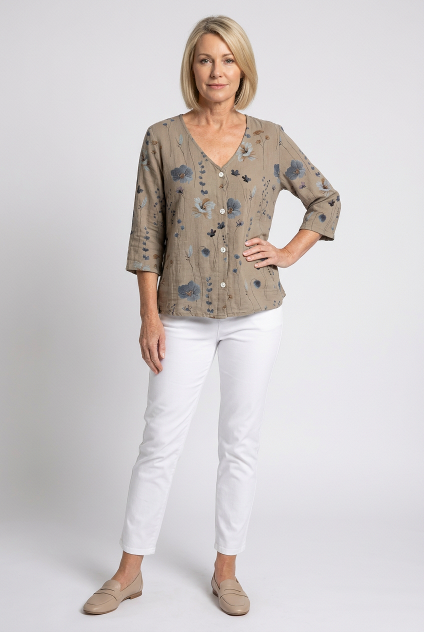 Floral V-neck blouse worn, front
