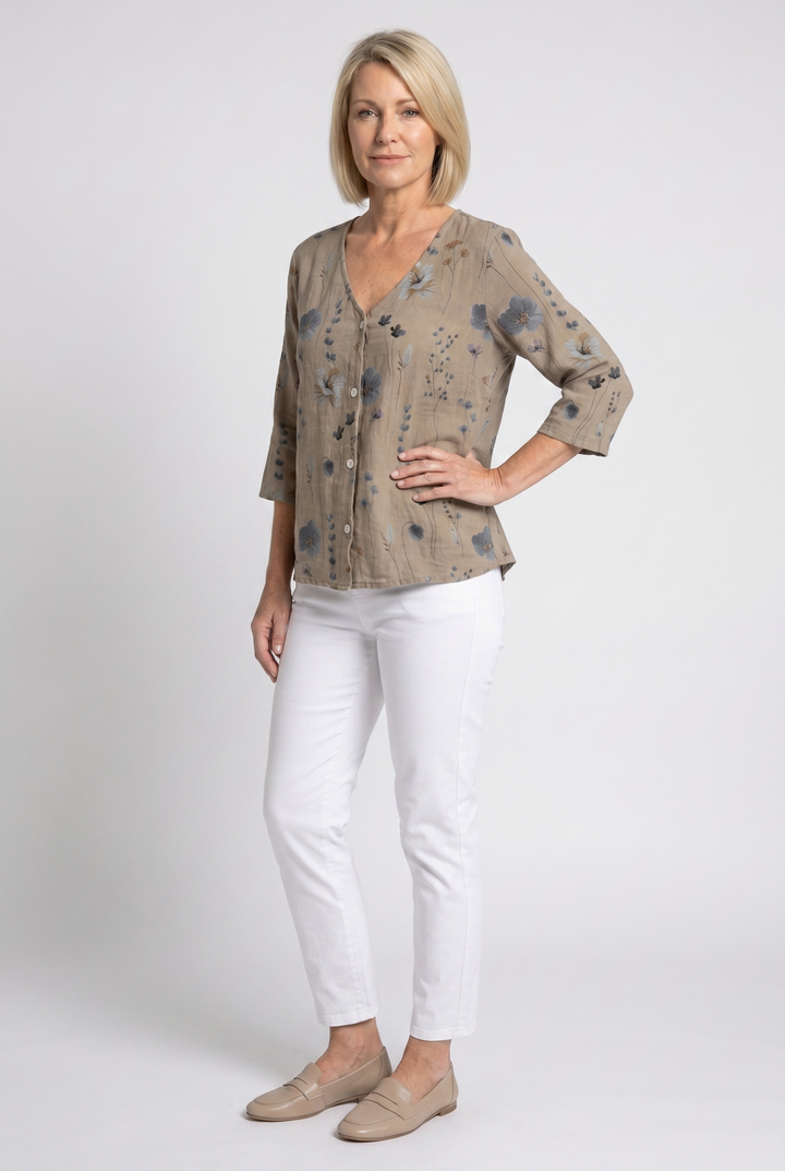 Floral V-neck blouse, three-quarter view