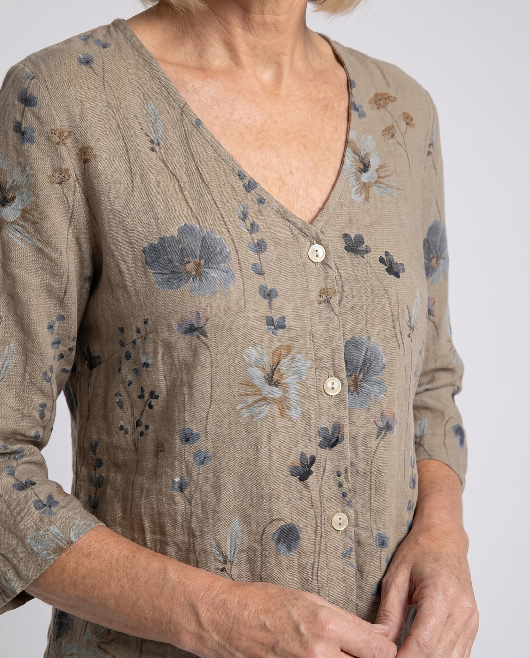 Close-up of the V-neck and floral print