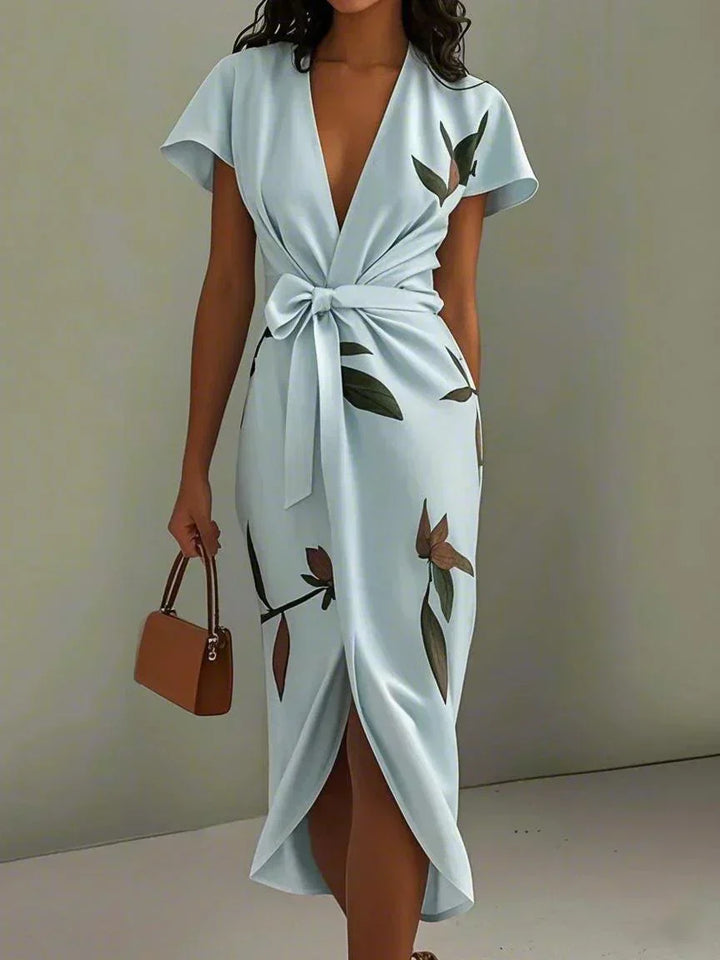 Wrap Belted Dress with V-Neck and Short Sleeves