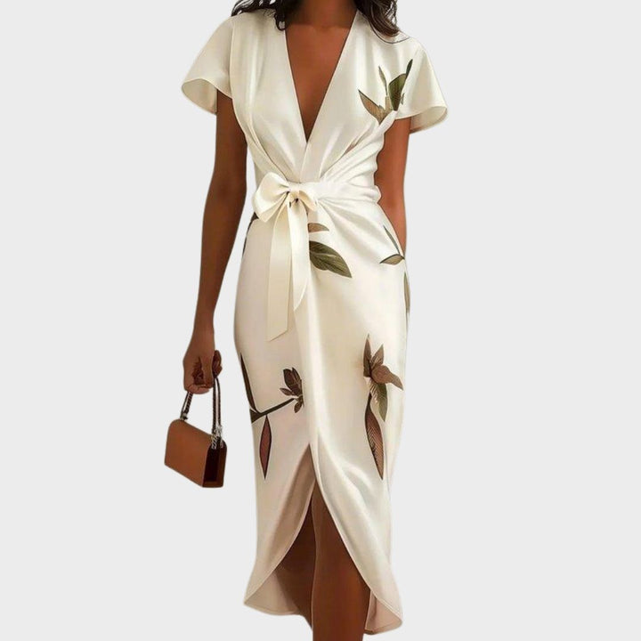 Wrap Belted Dress with V-Neck and Short Sleeves