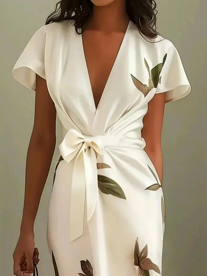Wrap Belted Dress with V-Neck and Short Sleeves