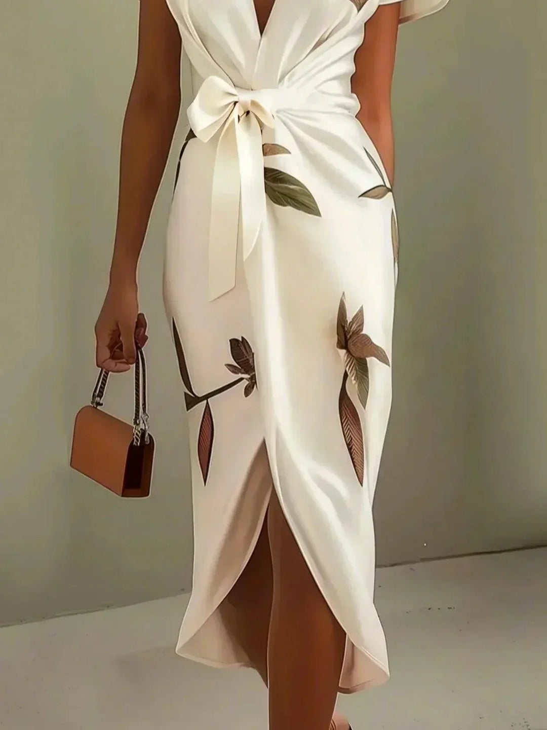 Wrap Belted Dress with V-Neck and Short Sleeves