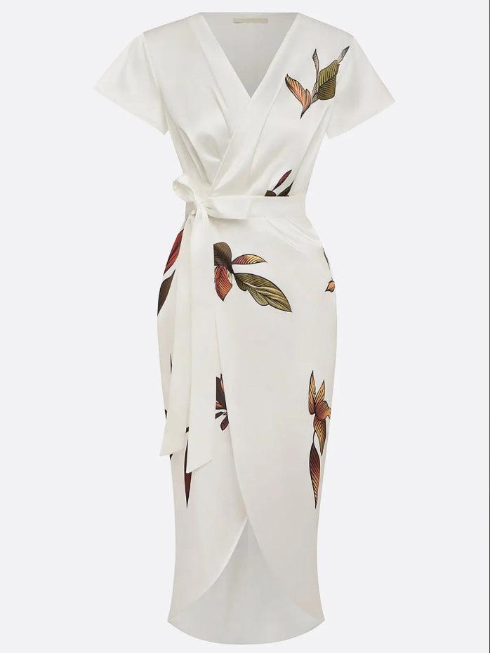Wrap Belted Dress with V-Neck and Short Sleeves