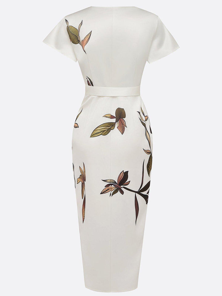 Wrap Belted Dress with V-Neck and Short Sleeves