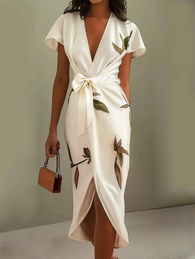 Wrap Belted Dress with V-Neck and Short Sleeves