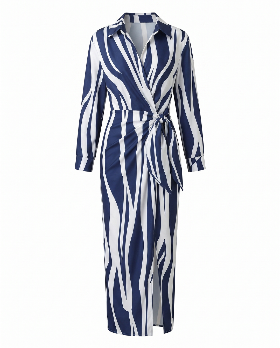 Wrap Belted Twist-Front Maxi Dress with V-Neck and Long Sleeves