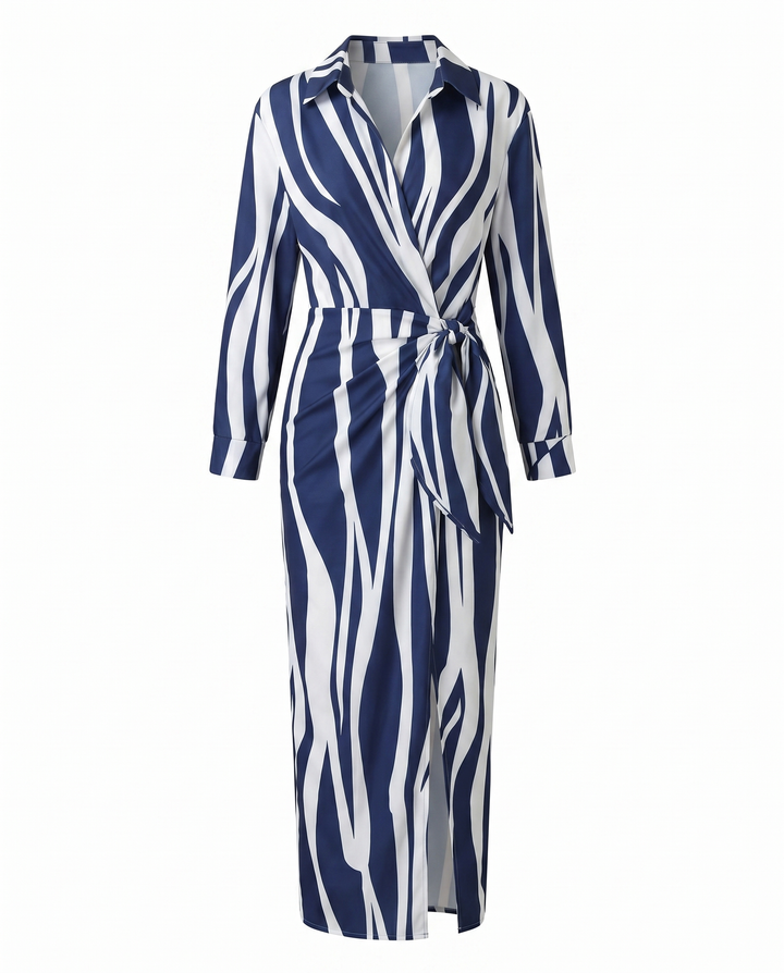 Wrap Belted Twist-Front Maxi Dress with V-Neck and Long Sleeves