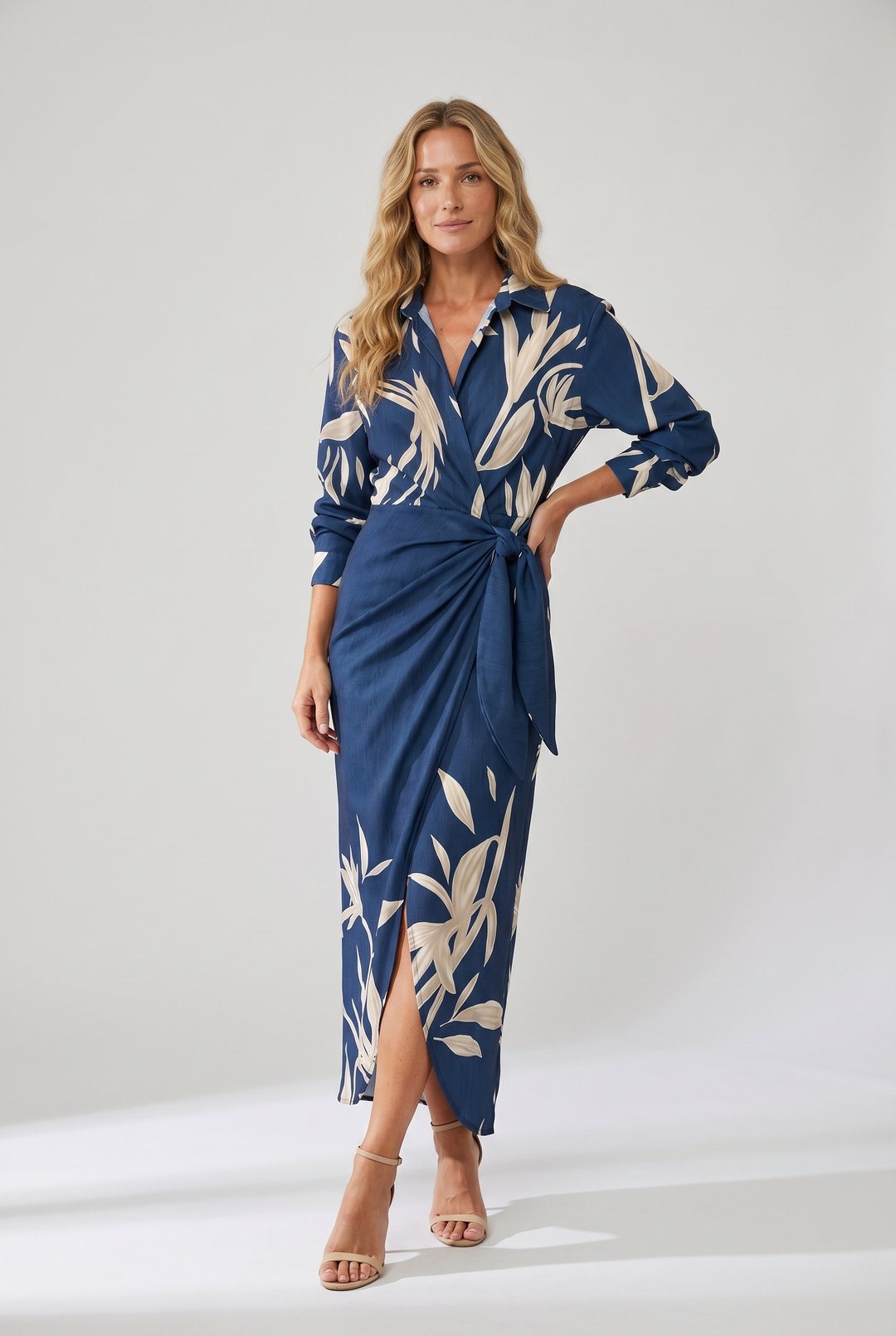 Wrap Belted Twist-Front Maxi Dress with V-Neck and Long Sleeves