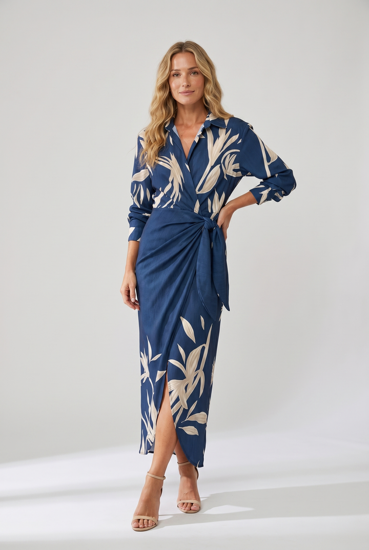 Wrap Belted Twist-Front Maxi Dress with V-Neck and Long Sleeves