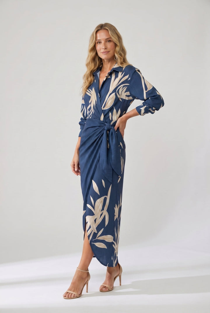 Wrap Belted Twist-Front Maxi Dress with V-Neck and Long Sleeves