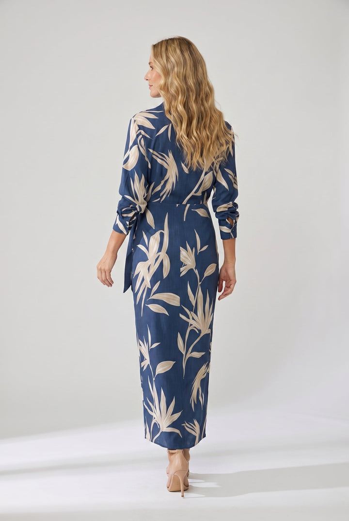 Wrap Belted Twist-Front Maxi Dress with V-Neck and Long Sleeves
