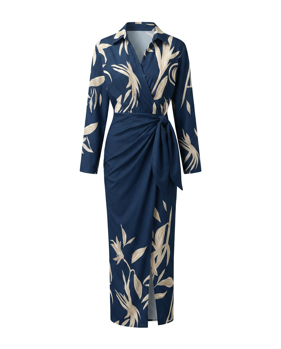 Wrap Belted Twist-Front Maxi Dress with V-Neck and Long Sleeves