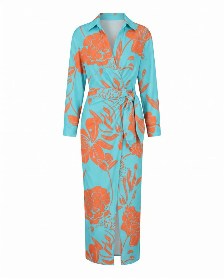 Wrap Belted Twist-Front Maxi Dress with V-Neck and Long Sleeves