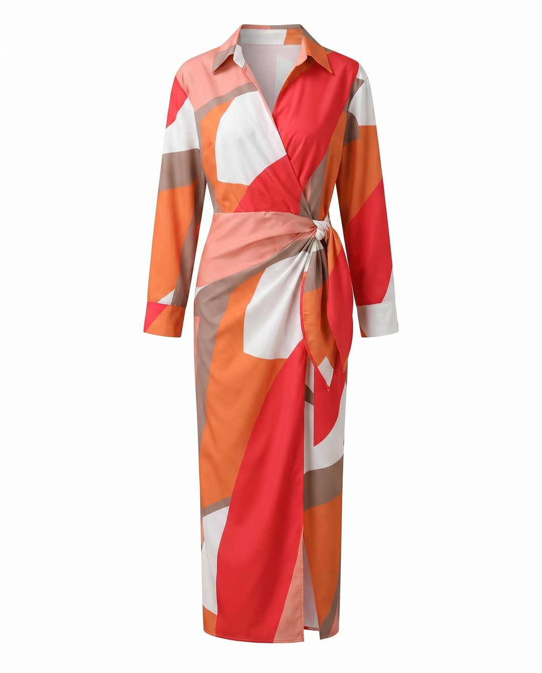 Wrap Belted Twist-Front Maxi Dress with V-Neck and Long Sleeves