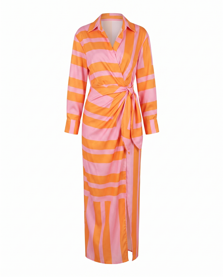 Wrap Belted Twist-Front Maxi Dress with V-Neck and Long Sleeves